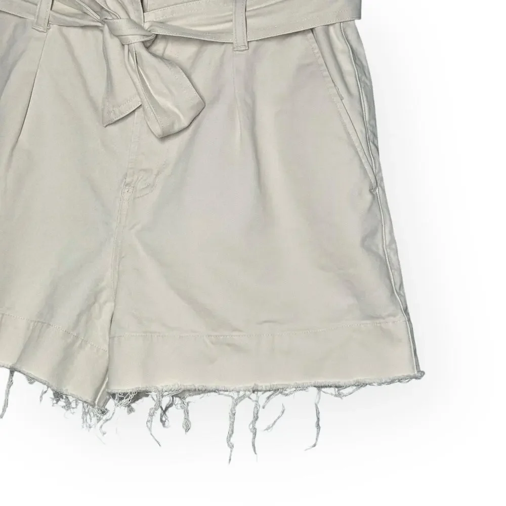 ALLSAINTS Cala Paperbag Belted Shorts Pleated Frayed Hem Beige Ivory High Rise